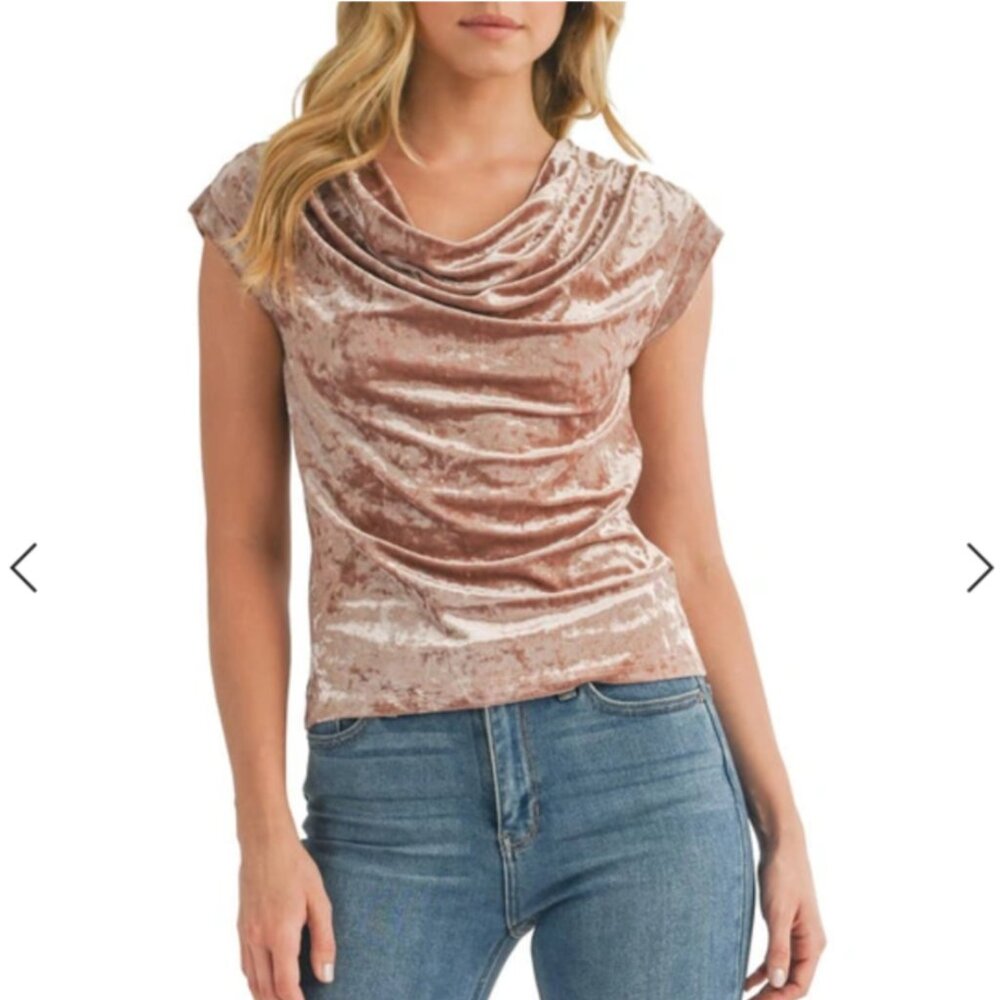 NWOT Lush Cowl Neck Cap Sleeve Crushed Velvet Top Mauve Pink Size Small